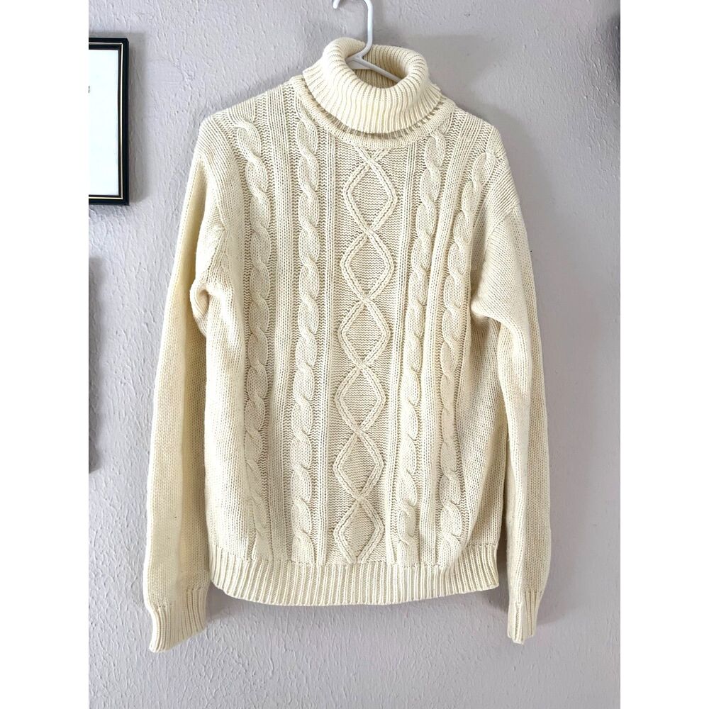 Knit turtle neck sweater, Cable pattern Long sleeved cream color; cottagecore